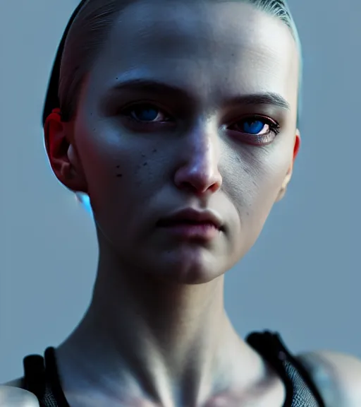 Image similar to complex 3 d render, hyper detailed, ultrasharp, cyberpunk android girl, digital portrait, concept art, illustration, natural soft rim light, hyper realistic, ultra detailed, 0 6 0 8 wear techwear clothing, octane render, darriel diano style, volumetric lighting, 8 k post - production, artstation hq, unreal engine 5, unity engine