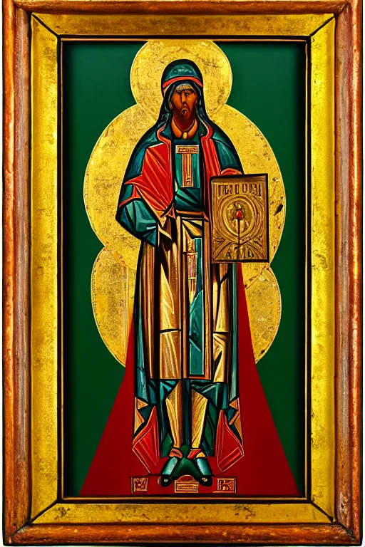 Prompt: Predator as a russian orthodox icon, patinated gold frame