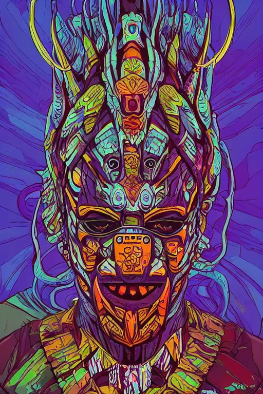 Image similar to totem animal tribal chaman vodoo mask feather gemstone plant wood rock video game illustration vivid color borderlands by josan gonzales and dan mumford radiating a glowing aura