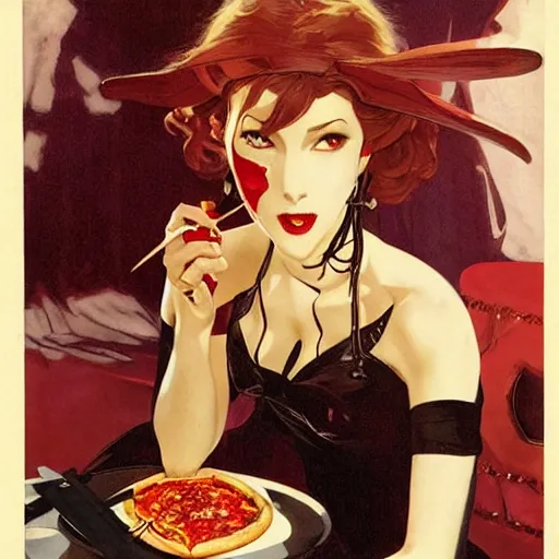 Image similar to attractive female vampire eating a pizza in a bright lounge by y j. c. leyendecker, yoji shinkawa, katayama bokuyo
