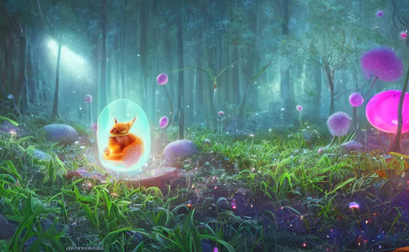 Image similar to foxfire fungi, fireflies, expressive eyes, floating, rbc, radiolaria, protophyta, micro - organisms, center frame, symmetric, rim light, marine microbiology, bioluminescence, electric, fur, soft, concept art, intricate details, highly detailed, colorful, photorealistic, disney pixar, octane render