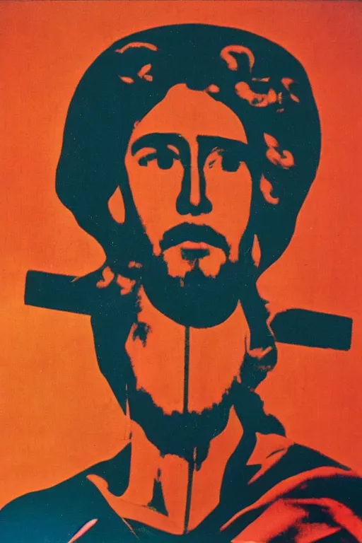 Image similar to jesus christ crucified and ufos in the background painted by andy warhol