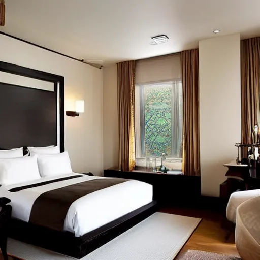 Prompt: stylish luxury hotel bedroom design, feminine, black walls, Japanese influences