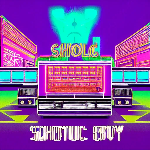 Image similar to chromatic, synthwave, 80's shop in a synthwave city