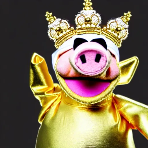 Prompt: a pig wearing a gold crown depicted as a muppet