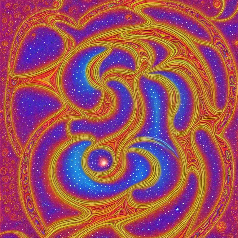 Prompt: psychedelic trippy fractal soul on fire deep space galaxy within award winning painting by alex grey symmetrical