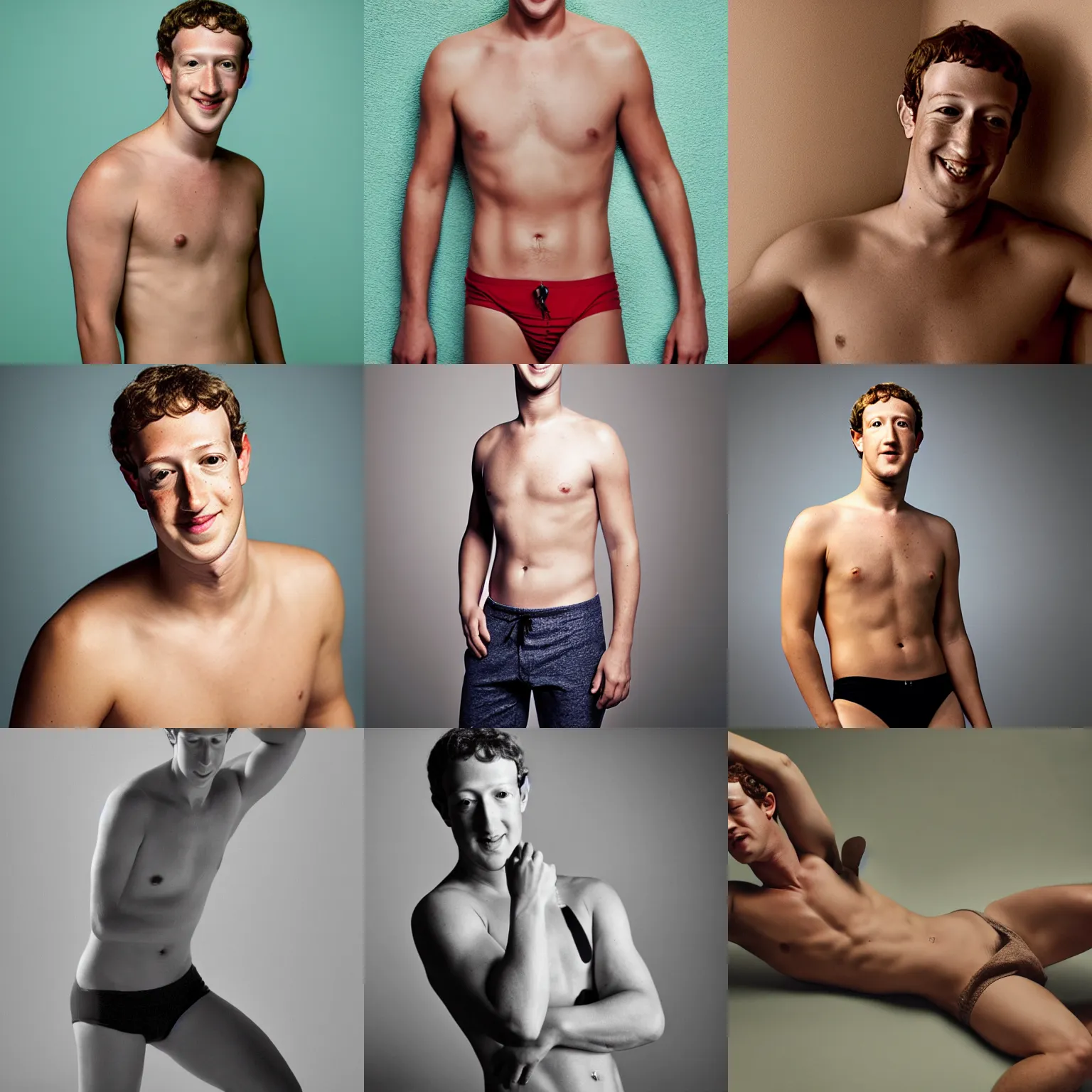 Prompt: Photo of Mark Zuckerberg in swimsuit, soft studio lighting, photo taken by Anne Liebovitz for Abercrombie and Fitch, award-winning photo, 24mm f/1.4