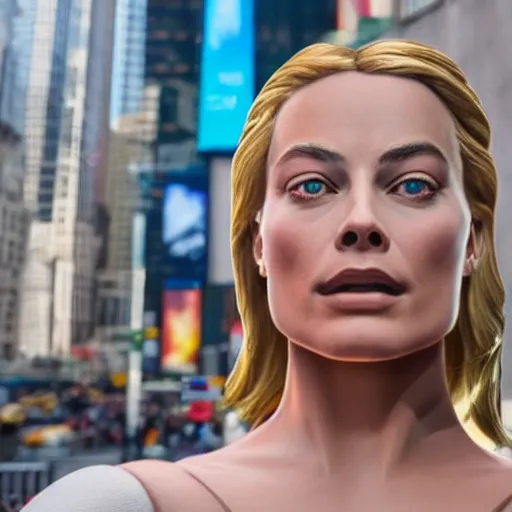 Image similar to a realistic renaissance sculpture of margot robbie by michelangelo, standing in times square, 3 d render, hyper detailed, sharp focus, 8 k resolution