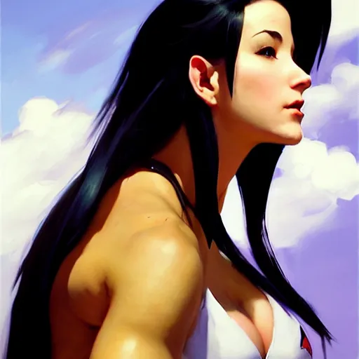 Image similar to Greg Manchess portrait painting o Tifa Lockheart as Overwatch character, medium shot, asymmetrical, profile picture, Organic Painting, sunny day, Matte Painting, bold shapes, hard edges, street art, trending on artstation, by Huang Guangjian and Gil Elvgren and Sachin Teng