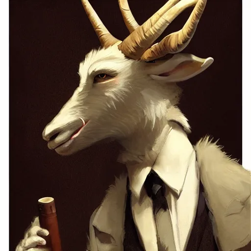 Image similar to award winning character art commission of an anthro furry humanoid goat smoking a cigar, three piece suit, character concept design, painting, detailed, vivid, trending on artstation, art by greg rutkowski