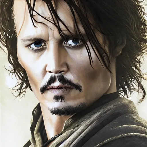 Prompt: symmetry!! portrait of johnny depp starring in the lord of the rings as aragorn, detailed - face!!, artstation, intricate, elegant, highly detailed, film still, nikon, canon eos, zeiss lens, dramatic lighting, sharp - focus!!, art by artgerm and greg rutkowski and alphonso mucha, smooth