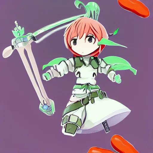 Prompt: cute android humanoid with tomato head and a carrot sword, made in abyss style