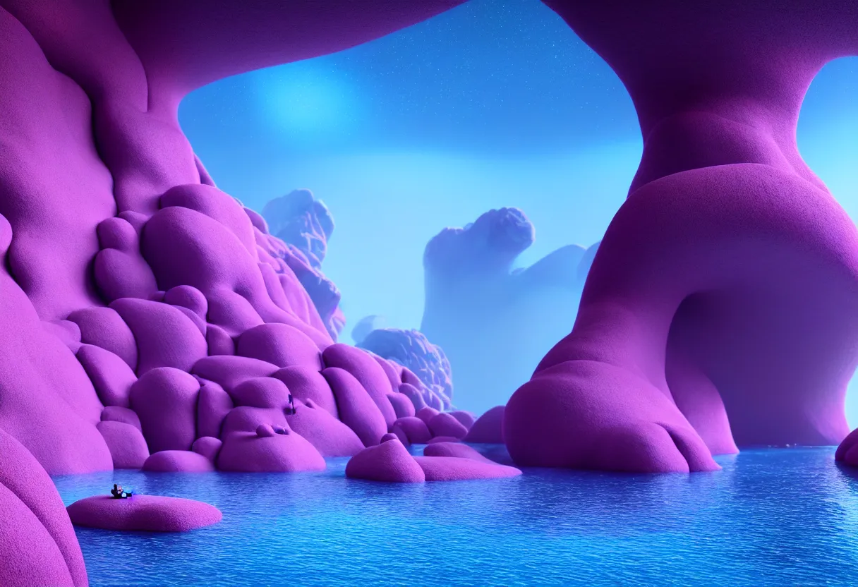 Prompt: inside of alien sea landscape of human mind and imagination, big pink rocks and blue pebbles, matte painting, beautiful render, octane render, concept art
