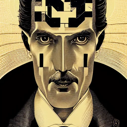 Image similar to portrait of nikola tesla, symmetrical, by yoichi hatakenaka, masamune shirow, josan gonzales and dan mumford, ayami kojima, takato yamamoto, barclay shaw, karol bak, yukito kishiro