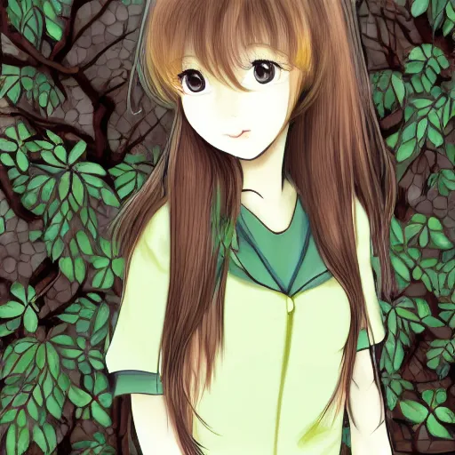 Image similar to detailed cute girl in a forest, style from aoshima chiho, detailed face