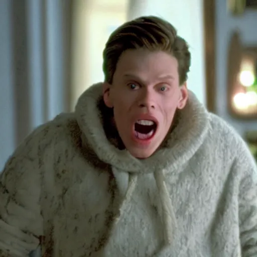 Image similar to Live Action Still of Jerma in Home Alone, real life, hyperrealistic, ultra realistic, realistic, highly detailed, epic, HD quality, 8k resolution, body and headshot, film still