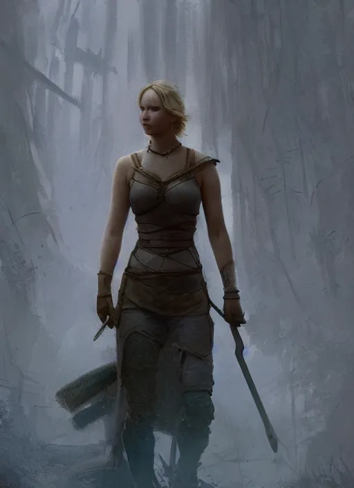 Image similar to hyper realistic photo of warrior princess jennifer lawrence full body, rule of thirds, conceptart, saturated colors, cinematic, greg rutkowski, brom, james gurney, mignola, craig mullins, artstation, cgsociety