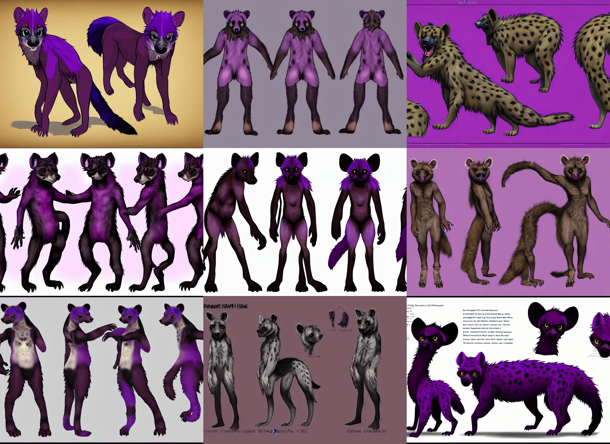 Prompt: trending on weasyl, high - resolution, a three - perspective furry reference sheet ( front / back / side ), a hyena fursona, purple and black color scheme, themed after wine,