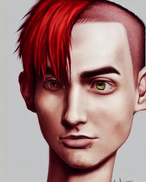 Image similar to young man with a short red mohawk, slim face, piercings, dressed in crustpunk clothing, headshot, attractive, handsome, model, trending on artstation, high quality art, character design, realism art, award winning art, clean face, by mandy jurgens, in color, no makeup, no tattoos, no facial hair