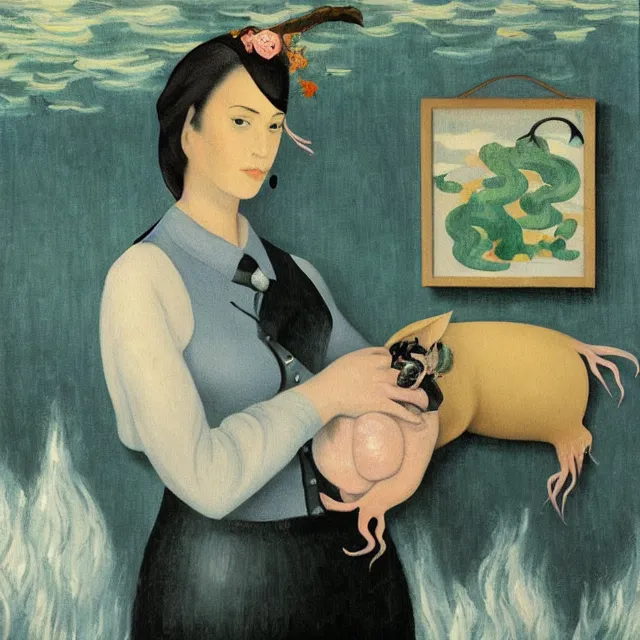 Image similar to tall female emo artist holding a pig in a flooded cafe, octopus, water gushing from ceiling, painting of flood waters inside a cafe, a river flooding indoors, pomegranates, pigs, ikebana, water, octopus, river, rapids, waterfall, black swans, canoe, berries, acrylic on canvas, surrealist, by magritte and monet