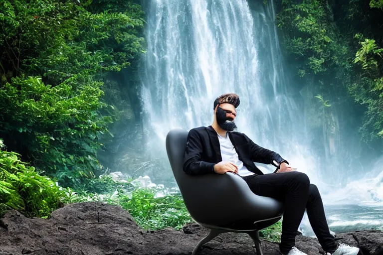 Prompt: young man with a grey beard in a cyberpunk suit sitting on a futuristic chair at the edge of a jungle waterfall