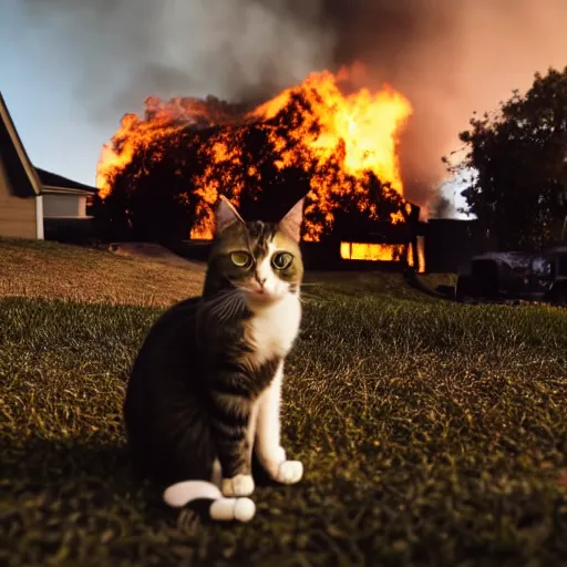 Image similar to an adorable ominous cat sitting in the yard of a home that is blazing on fire in the background behind the cat, cinematic, DSLR, evening