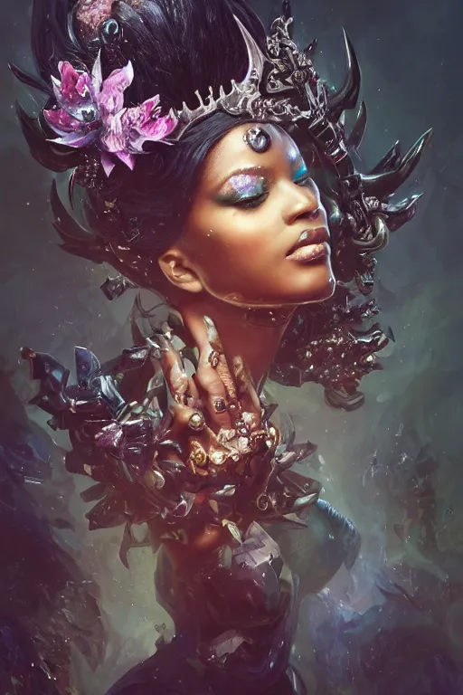 Image similar to beautiful black model wearing crystal crown full of jewels and blood, warhammer, cyberpunk, 3 d render, hyper realistic detailed portrait, holding magic flowers, scifi, fantasy, hyper detailed, octane render, concept art, peter mohrbacher, artgerm, ruan jia, wlop