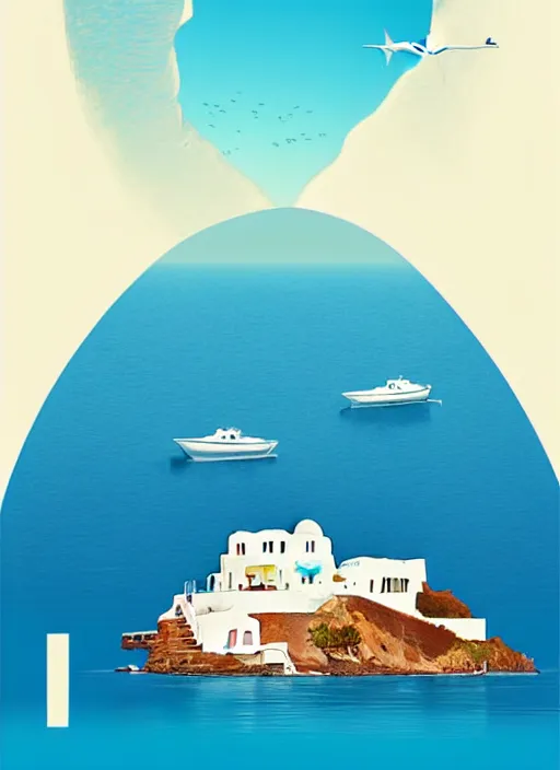 Image similar to a travel poster illustration depicting a house in santorini with an ocean view, white architecture, digital painting, vector art, trending on artstration, by anton fadeev, by alena aenami