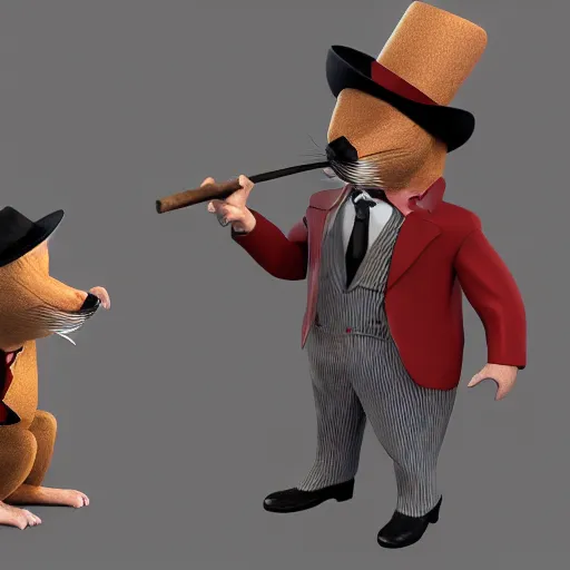 Prompt: 3d model of a male rat wearing a pinstriped suit and mafia-style hat, smoking a cigar and holding a semi-automatic submachine gun