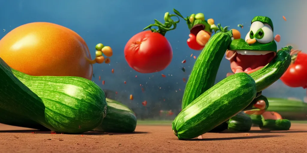 Prompt: detailed 3 d render of a zucchini character running after a tomato character, high speed chase, dramatic scene, hyper realistic octane render, cinematic lighting, deviantart, frame from pixar movie
