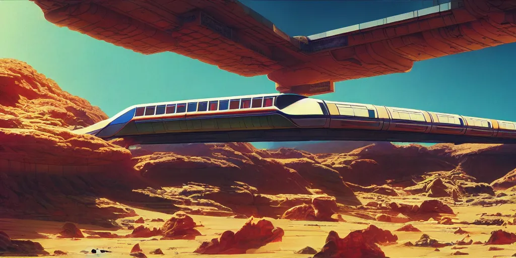 Prompt: concept art monorail shonan in martian landscape, brutalism, colorful, syd mead, norman rockwell, 4 k resolution, full shot, octane render, intricate, ultra detailed, volumetric lighting, cinematic lighting + masterpiece