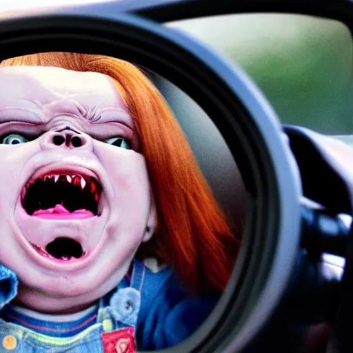 Prompt: a tiny screaming chucky doll chasing you in rear view mirror