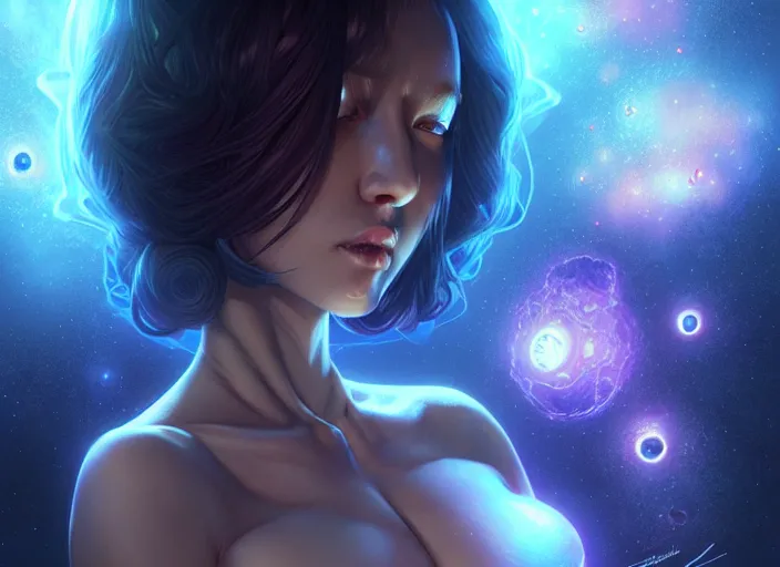 Image similar to azathoth girl wearing a dress made of milky way, full body, occlusion shadow, specular reflection, rim light, unreal engine, artgerm, artstation, art by hiroaki samura and ilya kuvshinov and ossdraws, intricate, highly detailed 8 k, fantasy illustration, extremely beautiful and aesthetic shape of face and body