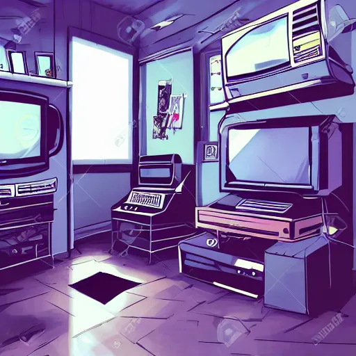 Image similar to very dark 1990s style retro bedroom, dimly lit by a CRT television, clustered with rubbish all over the floor, in the style of anime, highly detailed render