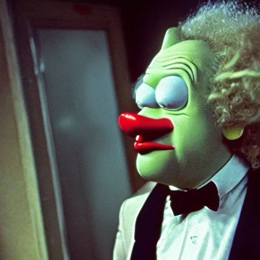 Prompt: still image of krusty the clown from the simpsons in the dark knight, cinematic, anamorphic, 8 0 mm f / 2. 8 l, 3 5 mm film, movie