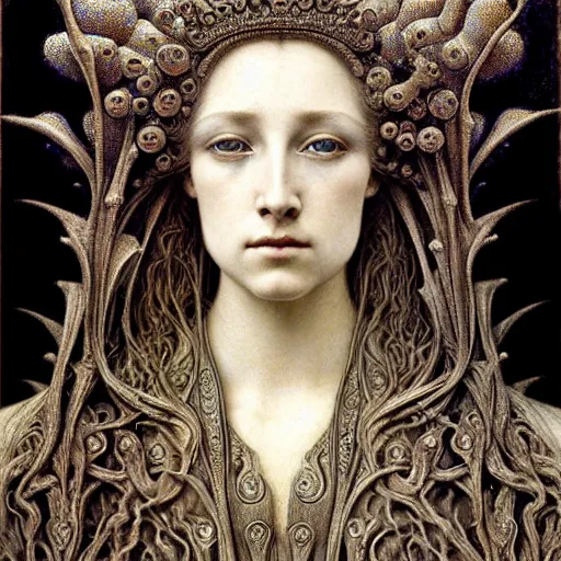 Image similar to detailed realistic beautiful young medieval queen face portrait by jean delville, gustave dore, iris van herpen and marco mazzoni, art forms of nature by ernst haeckel, art nouveau, symbolist, visionary, gothic, pre - raphaelite, horizontal symmetry, fractal lace