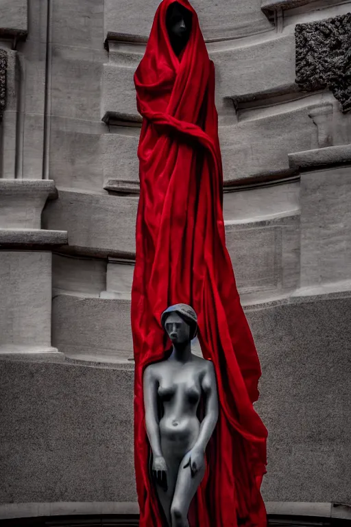 Prompt: the unknown maiden partially covered by a red silk wrapped veil, statue made with embossed polished black marble, sculpted by hedi xandt and bernini, epic and cinematic view, volummetric light, intricate, detailed, 8 k