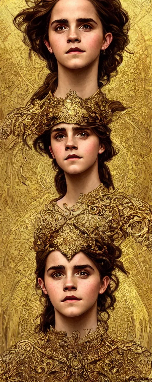 Prompt: photo photorealistic portrait closeup photograph full body art nouveau portrait of Emma Watson ornate intricate golden battle armor, intricate, elegant, highly detailed, digital painting, artstation, concept art, smooth, sharp focus, illustration, art by John William Waterhouse and greg rutkowski and Donato Giancola and alphonse mucha