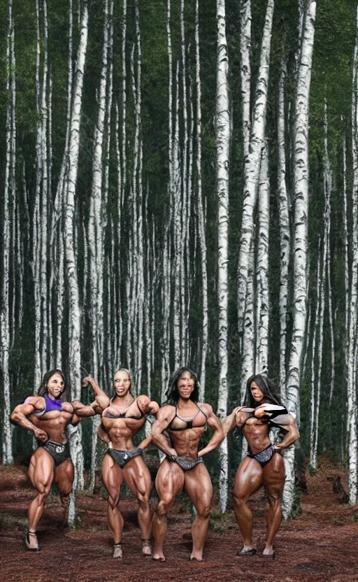 Image similar to photo of several female bodybuilders posing in a birch forest, beautiful detailed face, ultra realistic, concept art, intricate details, serious, highly detailed, photorealistic, octane render, 8 k, unreal engine, art by todd mcfarlane