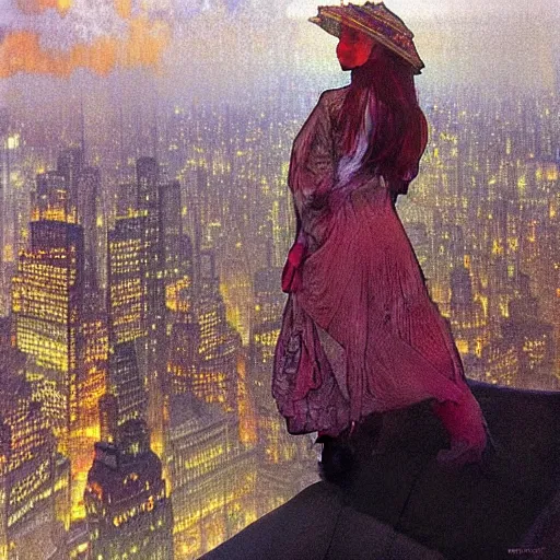 Prompt: “ a girl standing on a ledge looking down at a futuristic new york city below, fog, storm clouds, rain, detailed face, oil painting, by alphonse mucha ”