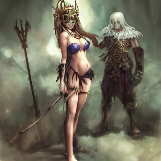 Image similar to pretty anime girl in bikini in sad byzantine mask, concept art, grim dark fantasy stand infront of poor christian farmer.