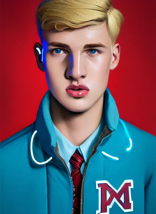 Image similar to portrait of a high school senior boy named moose mason, blonde short hair, jock, beefy, square jaw, square facial structure, 1 9 5 0 s, blue varsity jacket, intricate, elegant, glowing lights, highly detailed, digital painting, artstation, concept art, smooth, sharp focus, illustration, art by wlop, mars ravelo and greg rutkowski