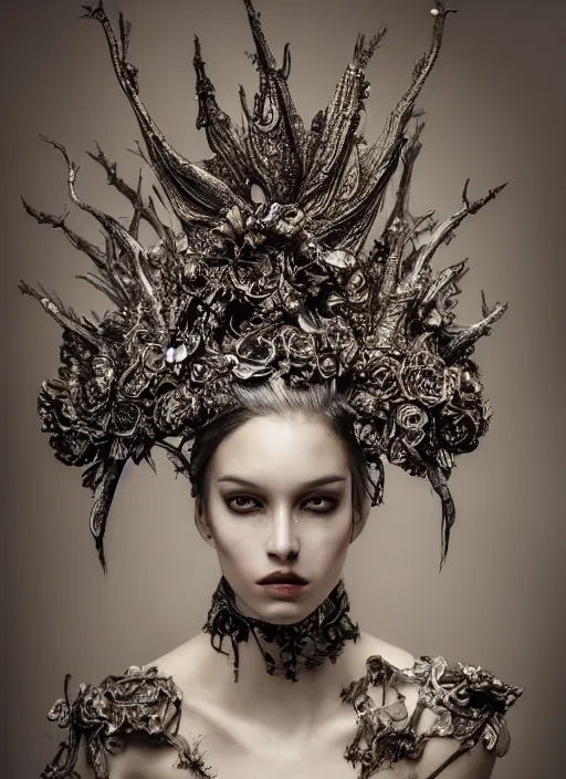 Prompt: a portrait of female model by stefan geselle and nekro borja, photorealistic, intricate details, hyper realistic, fantasy, elegant, ornate metal headpiece, photorealistic, canon r 3, photography, wide shot, symmetrical features, wide angle shot, perfect body, standing pose, feet on the ground