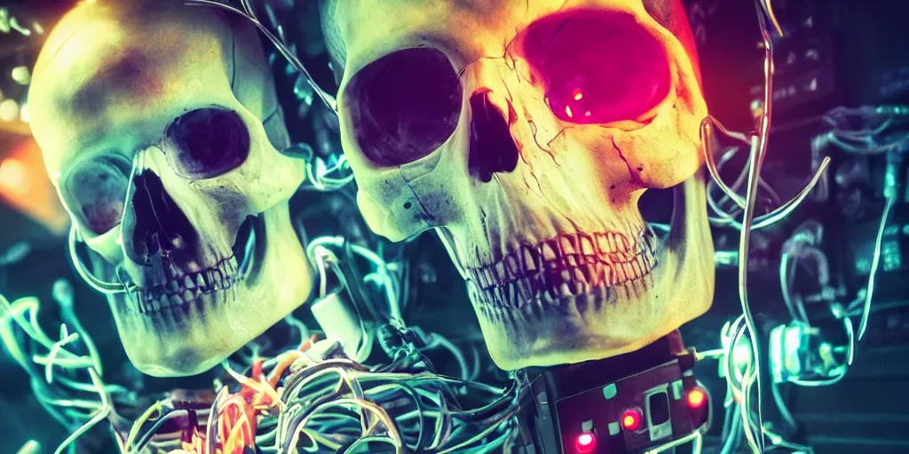 Image similar to a photorealistic cyberpunk skull with electronic wires and cables coming out of it, eyes lighting up with LED lights, in a seedy cellar lab, vaporwave, scifi, trending on artstation, 4K, cinematic, epic lighting, UHD, HDR