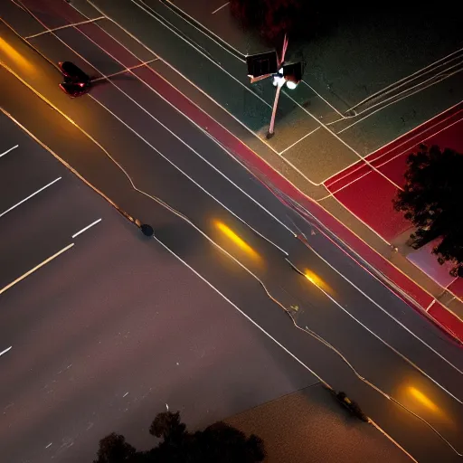 Image similar to A stunningly beautiful award-winning 8K high angle cinematic movie photograph looking down diagonally across a spooky foggy empty lightless moonlit main street intersection in an abandoned 1950s small town at night. perfect composition, shot from roofline, moody low key backlit. Color palette from Seven, greens yellows and reds. 2 point perspective. Octane render