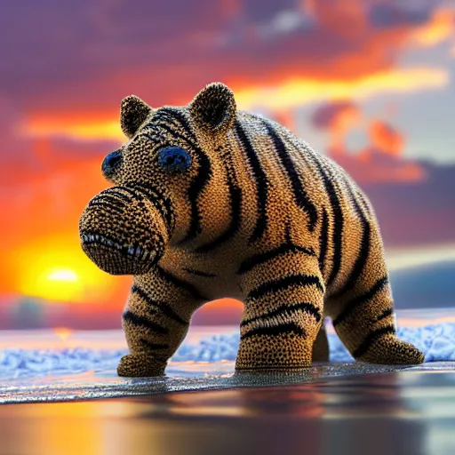 Image similar to a closeup photorealistic photograph of a cute smiling knitted tiger hippopotamus chasing a beachball at sunset. surf in the background. professional capture. this 4 k hd image is trending on artstation, featured on behance, well - rendered, extra crisp, features intricate detail, epic composition and the style of unreal engine.