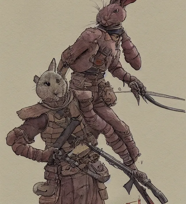 Prompt: a watercolor ink painting of an anthropomorphic bunny mercenary in the style of jean giraud in the style of moebius trending on artstation deviantart pinterest detailed realistic hd 8 k high resolution