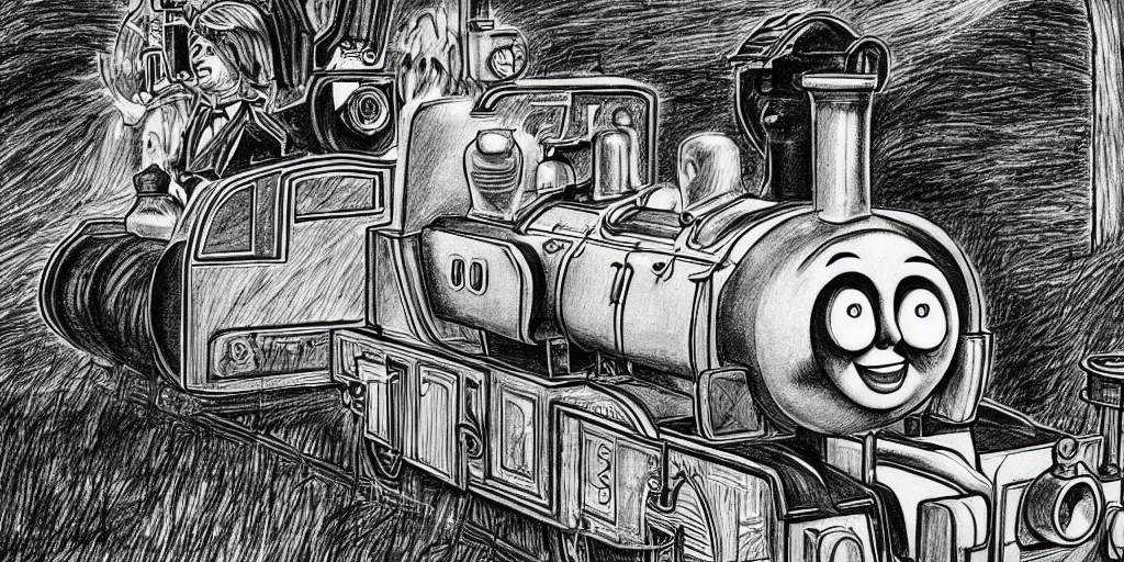 Image similar to Thomas the Tank Engine, illustration by Junji ito, pencil and paper, disturbing