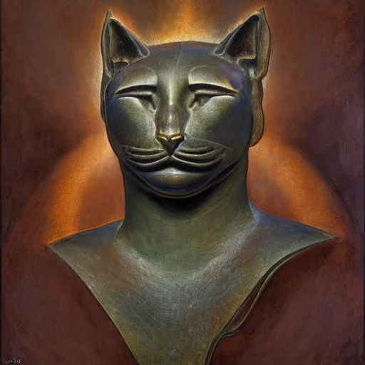 Prompt: masterpiece ancient bronze sculpture of a cat head, by annie swynnerton and diego rivera and nicholas roerich and jean delville and charlie bowater, symbolist, dramatic lighting, god rays, art brut, rich colors, smooth sharp focus, extremely detailed, adolf wolfli and ( donato giancola and bilibin )