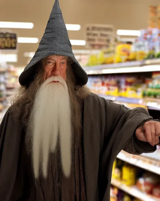 Image similar to gandalf wearing a wizard hat, stacking supermarket shelves, cinematic lighting, gloomy, depressing